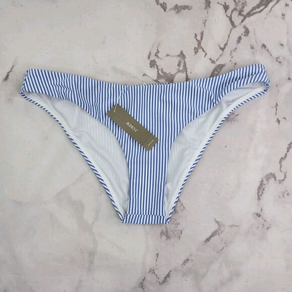 J Crew Swim Bottom Blue White Striped Hipster Bikini Low Rise Seersucker - Picture 1 of 10